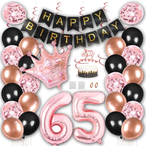 Borsgye Geburtstag Deko Männer Frauen Schwarz Rose Gold Geburtstagsdeko Mädchen Junge Happy Birthday Banner 65 Jahre Geburtstag Nummer Folienballons Krone Konfetti Luftballons Tortenaufsatz von Borsgye