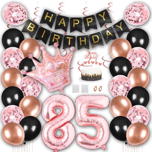 Borsgye Geburtstag Deko Männer Frauen Schwarz Rose Gold Geburtstagsdeko Mädchen Junge Happy Birthday Banner 85 Jahre Geburtstag Nummer Folienballons Krone Konfetti Luftballons Tortenaufsatz von Borsgye