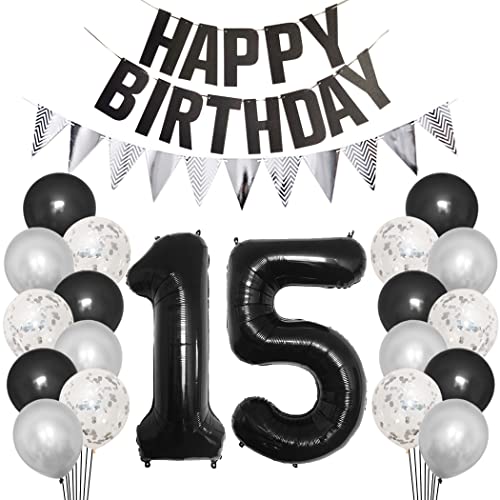 Borsgye 15. Geburtstag Deko Set 15 Jahr Geburtstagsdeko Ballon Männer Junge Frauen Schwarz Happy Birthday Banner Silber Glitzernder Dreiecks Banner Konfetti Luftballons Schwarz Folienballon Zahl 15 von Borsgye