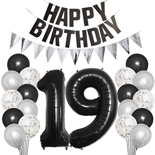 Borsgye 19. Geburtstag Deko Set 19 Jahr Geburtstagsdeko Ballon Männer Junge Frauen Schwarz Happy Birthday Banner Silber Glitzernder Dreiecks Banner Konfetti Luftballons Schwarz Folienballon Zahl 19 von Borsgye