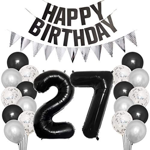 Borsgye 27. Geburtstag Deko Set 27 Jahr Geburtstagsdeko Ballon Männer Junge Frauen Schwarz Happy Birthday Banner Silber Glitzernder Dreiecks Banner Konfetti Luftballons Schwarz Folienballon Zahl 27 von Borsgye