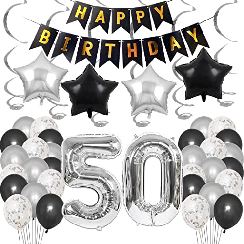 Borsgye 50. Geburtstag Dekoration Set 50 Jahr Geburtstagsdeko Ballon Männer Junge Frauen Schwarz Happy Birthday Banner Folie Sterne Luftballons Konfetti Luftballons Silber Folienballon Zahl50 von Borsgye