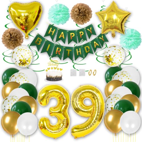 Borsgye Geburtstag Deko Männer Frauen Grün Gold Geburtstagsdeko Mädchen Junge Happy Birthday Banner 39 Jahre Geburtstag Nummer Folienballons Pompons Konfetti Luftballons Pompons Tortenaufsatz von Borsgye