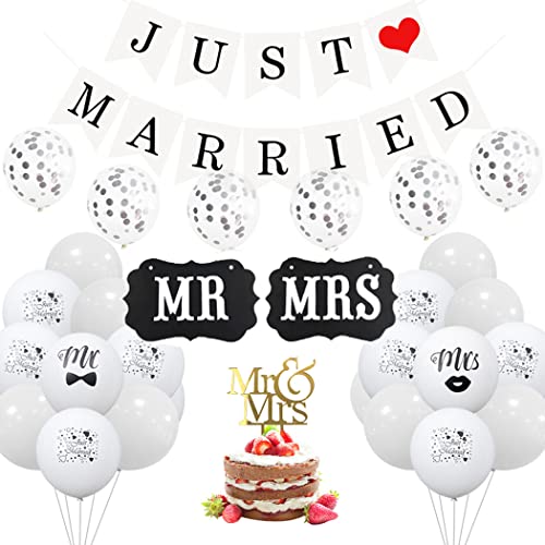 Borsgye 33 Stück Just Married Wimpelkette MR & MRS Buchstaben Kraft Paper Hochzeit Deko Bedruckte Luftballons Glitzer Latexballons Gold Kuchendeckel für Hochzeit Fest Tischdeko Brautpaar von Borsgye