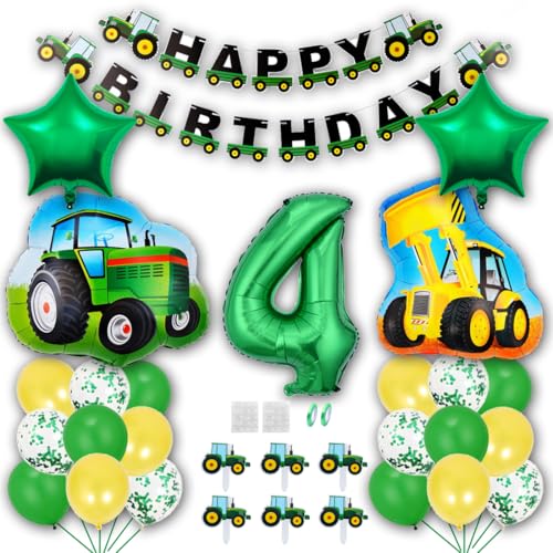 Borsgye Grün Traktor Geburtstag Deko 4 Jahre Foil Balloon Auto Trecker Luftballons Bauernhof Geburtstagsdeko Folienballon Traktor Bagger Happy Birthday Banner Tortendeko für Jungen Party Deko von Borsgye