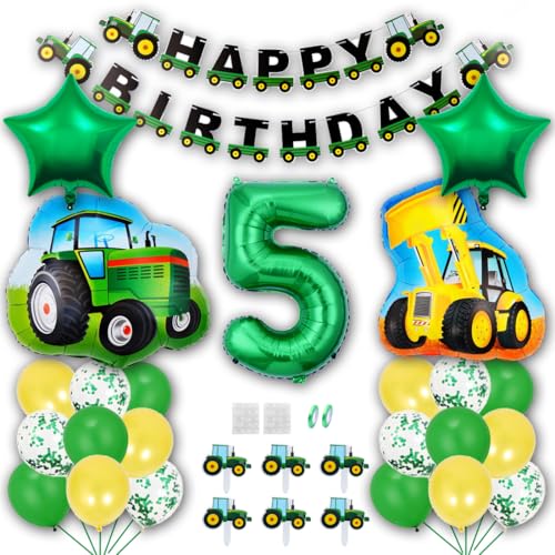 Borsgye Grün Traktor Geburtstag Deko 5 Jahre Foil Balloon Auto Trecker Luftballons Bauernhof Geburtstagsdeko Folienballon Traktor Bagger Happy Birthday Banner Tortendeko für Jungen Party Deko von Borsgye