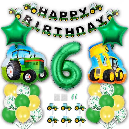 Borsgye Grün Traktor Geburtstag Deko 6 Jahre Foil Balloon Auto Trecker Luftballons Bauernhof Geburtstagsdeko Folienballon Traktor Bagger Happy Birthday Banner Tortendeko für Jungen Party Deko von Borsgye