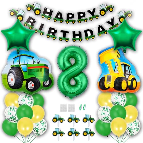 Borsgye Grün Traktor Geburtstag Deko 8 Jahre Foil Balloon Auto Trecker Luftballons Bauernhof Geburtstagsdeko Folienballon Traktor Bagger Happy Birthday Banner Tortendeko für Jungen Party Deko von Borsgye