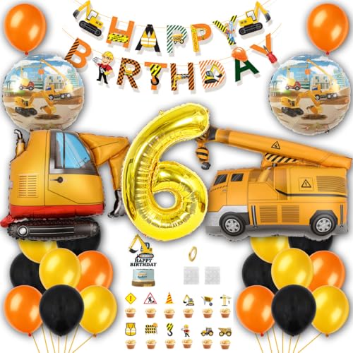 Borsgye Bagger Geburtstag Deko BAU Geburtstagsfeier Set Konstruktion Lastwagen Kran Folienballons Happy Birthday Banner Konstruktion Themed Ballons Zahl 6 mit Verkehrsschild Kuchendeckel von Borsgye