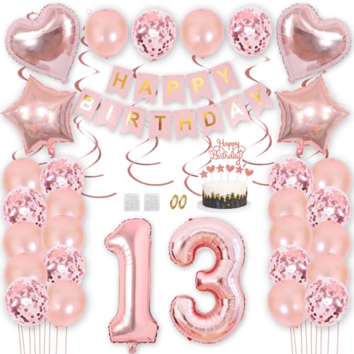 Borsgye Geburtstag Deko Männer Frauen Rose Gold Geburtstagsdeko Mädchen Junge Happy Birthday Banner 13 Jahre Geburtstag Nummer Folienballons Krone Konfetti Luftballons Tortenaufsatz von Borsgye