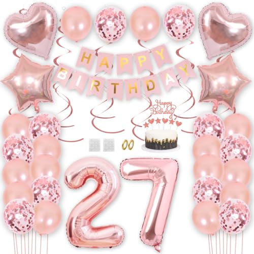 Borsgye Geburtstag Deko Männer Frauen Rose Gold Geburtstagsdeko Mädchen Junge Happy Birthday Banner 27 Jahre Geburtstag Nummer Folienballons Krone Konfetti Luftballons Tortenaufsatz von Borsgye