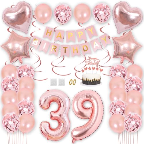 Borsgye Geburtstag Deko Männer Frauen Rose Gold Geburtstagsdeko Mädchen Junge Happy Birthday Banner 39 Jahre Geburtstag Nummer Folienballons Krone Konfetti Luftballons Tortenaufsatz von Borsgye