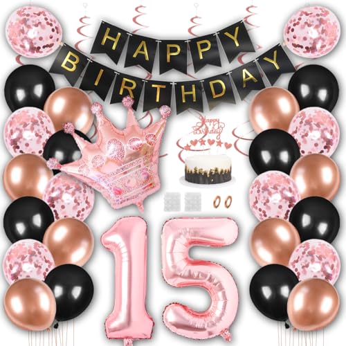 Borsgye Geburtstag Deko Männer Frauen Schwarz Rose Gold Geburtstagsdeko Mädchen Junge Happy Birthday Banner 15 Jahre Geburtstag Nummer Folienballons Krone Konfetti Luftballons Tortenaufsatz von Borsgye