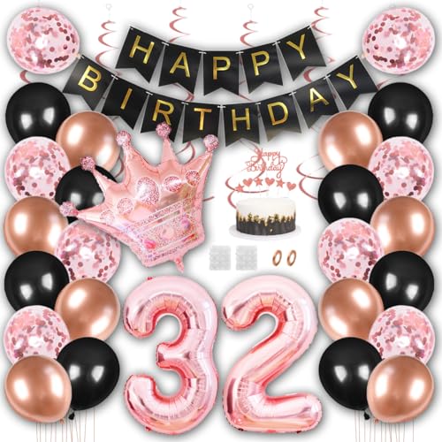 Borsgye Geburtstag Deko Männer Frauen Schwarz Rose Gold Geburtstagsdeko Mädchen Junge Happy Birthday Banner 32 Jahre Geburtstag Nummer Folienballons Krone Konfetti Luftballons Tortenaufsatz von Borsgye