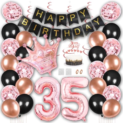 Borsgye Geburtstag Deko Männer Frauen Schwarz Rose Gold Geburtstagsdeko Mädchen Junge Happy Birthday Banner 35 Jahre Geburtstag Nummer Folienballons Krone Konfetti Luftballons Tortenaufsatz von Borsgye