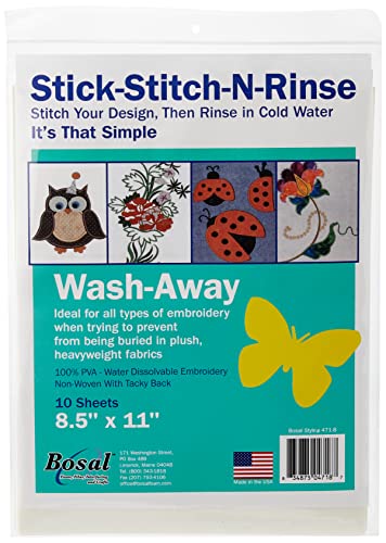 Bosal 8.5"x11" Stick-Stitch-N-Rinse Wash-Away Stabilisator, 21,6 x 27,9 cm, 10 Stück, sonstiges, Mehrfarbig, Count (Pack of 1) von Bosal