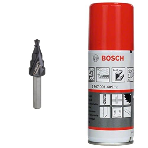 Bosch Professional Stufenbohrer HSS-AlTiN mit 3-Flächen-Schaft (Ø 4-12 mm, 5 Stufen) + Universalschneideöl von Bosch Accessories