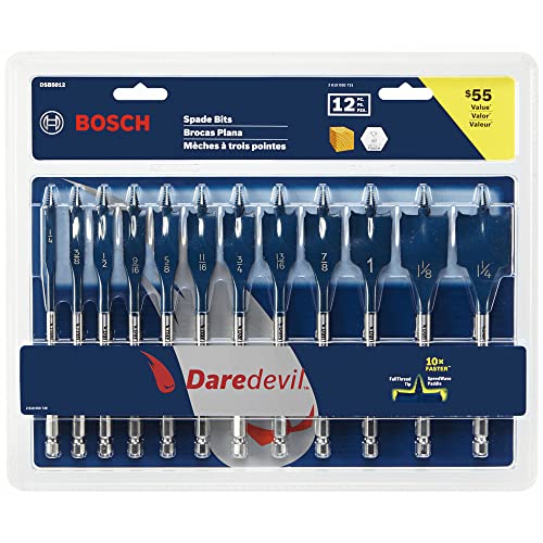 BOSCH DSB5012 12-teiliges Sortiment Daredevil Spaten-Bits 1/4" Sechskantschaft ideal für schnelle Bohranwendungen in Holz von Bosch