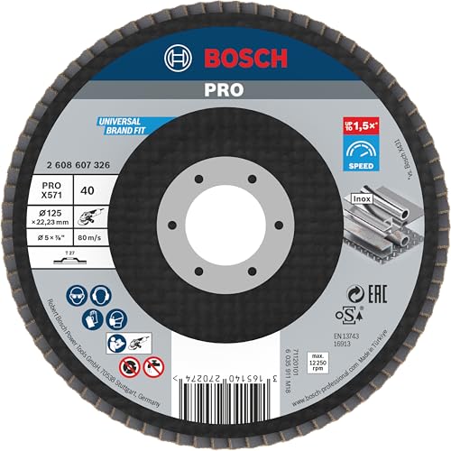 Bosch 1x PRO Metal X571 Fächerschleifscheibe, gerade Ausführung, Fiber, für kleine Winkelschleifer (für Stahl, Edelstahl, Ø 125 mm, Körnung 40, Professional Zubehör Kleiner Winkelschleifer) von Bosch