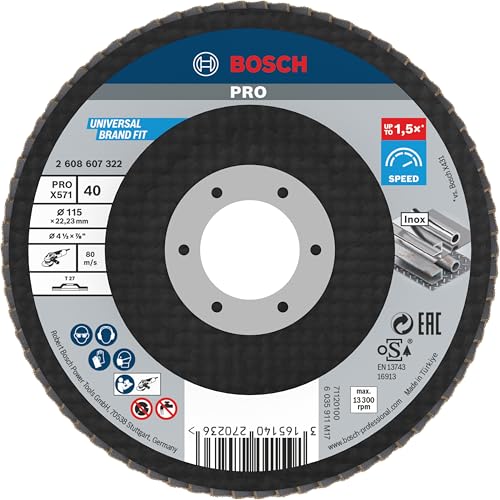 Bosch 1x PRO Metal X571 Fächerschleifscheibe, gerade Ausführung, Fiber, für kleine Winkelschleifer (für Stahl, Edelstahl, Ø 115 mm, Körnung 40, Professional Zubehör Kleiner Winkelschleifer) von Bosch