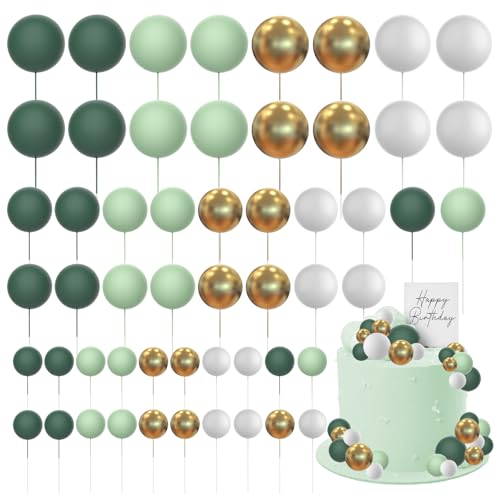 Bosillsm 60 Stück Ball Kuchen Topper Luftballons Dekoration DIY Einsatz Topper Schaumstoff Kuchen Kugeln Backen Dekoration für Weihnachten Hochzeit Jahrestag Geburtstag (Grün, Gold, Weiß) von Bosillsm