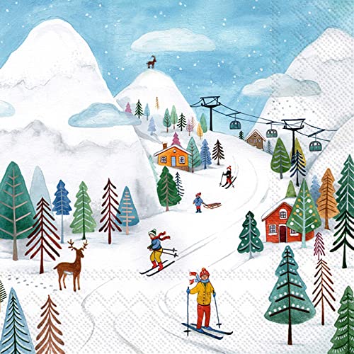 IHR Ideal Home Range - Servietten Xmas WINTER JOY Winter Ski Tannen Wild Reh Hirsch Skifahrer Berge 20 St. Cocktail-Servietten 25 cm x 25 cm von Boston International