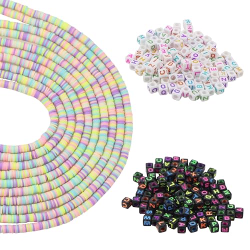 4000 Stück Heishi Perlen Bunt mit 240 Buchstabenperlen Set 6mm Flache Runde Polymer Clay Perlen zum Auffädeln Tonperlen Buchstaben Perlen für Armbänder Halskette Erwachsene Selber Machen DIY Perlenset von BouGPeng