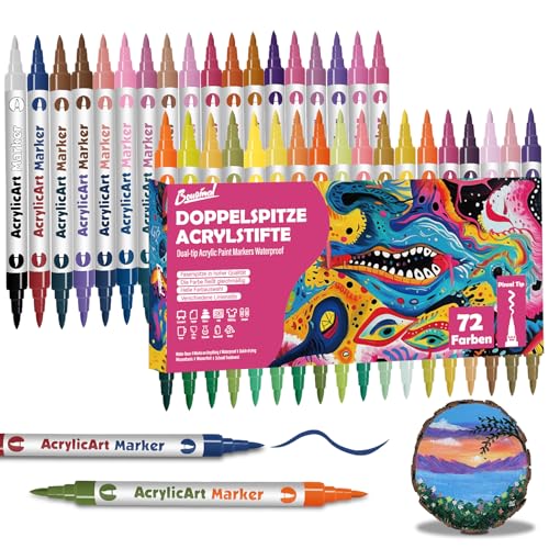 Bougimal 72 Farben Acrylstifte, 36pcs Permanent Marker Stifte mit Doppelspitze, Acrylic Paint Lackstift für Glas/Holz/Kunststoff/Ostern Ostereier/Keramik/Comics/Halloween Deko Kürbis von Bougimal