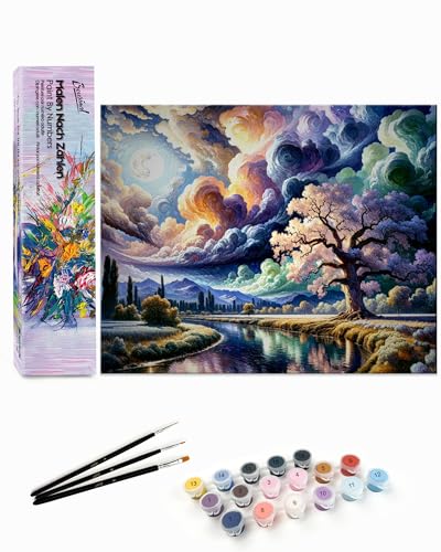Bougimal Malen Nach Zahlen Erwachsene Landschaft Ohen Rahmen inklusive Pinsel und Acrylfarben - 28 x 35 cm, Wolken von Bougimal