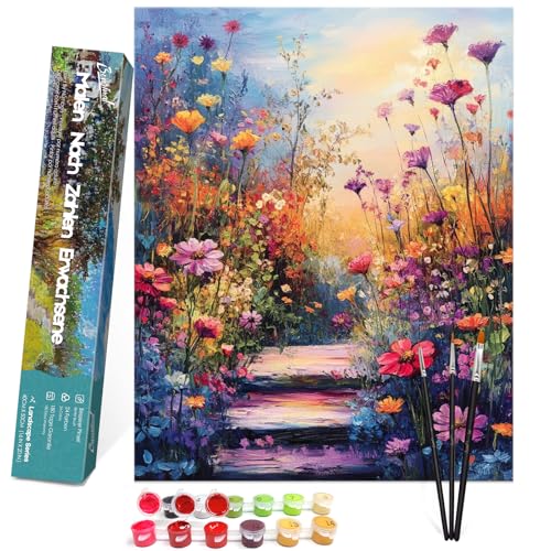 Bougimal Malen Nach Zahlen Erwachsene Landschaft Ohen Rahmen inklusive Pinsel und Acrylfarben - 40 x 50 cm, Blumen 1 von Bougimal