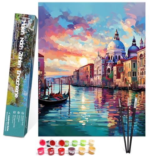 Bougimal Malen Nach Zahlen Erwachsene Landschaft Ohen Rahmen inklusive Pinsel und Acrylfarben - 40 x 50 cm, Sonnenuntergang Wasserstadt 3 von Bougimal