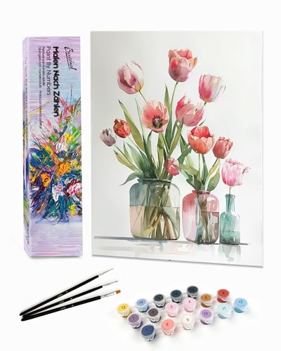 Bougimal Malen Nach Zahlen Erwachsene Landschaft Ohne Rahmen inklusive Pinsel und Acrylfarben - 28 x 35 cm, Bunte Blumen 5 von Bougimal