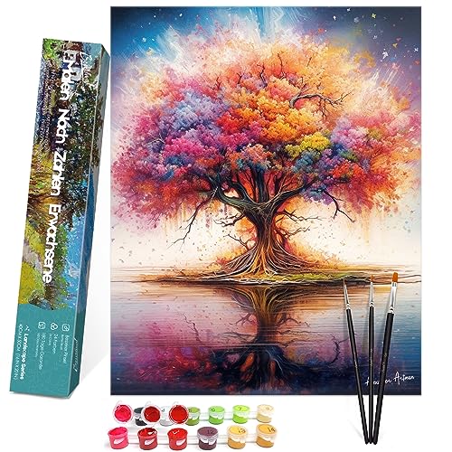 Bougimal Malen Nach Zahlen Erwachsene Landschaft ohne Rahmen inklusive Pinsel und Acrylfarben - 40 x 50 cm, Bunte Bäume 2 von Bougimal