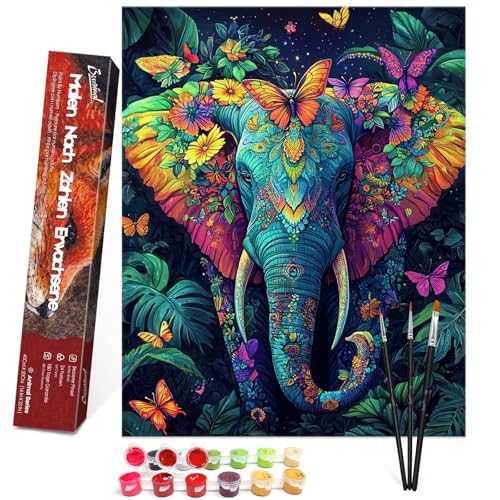 Bougimal Malen Nach Zahlen Erwachsene Tier Ohen Rahmen inklusive Pinsel und Acrylfarben - 40 x 50 cm, Elefant von Bougimal