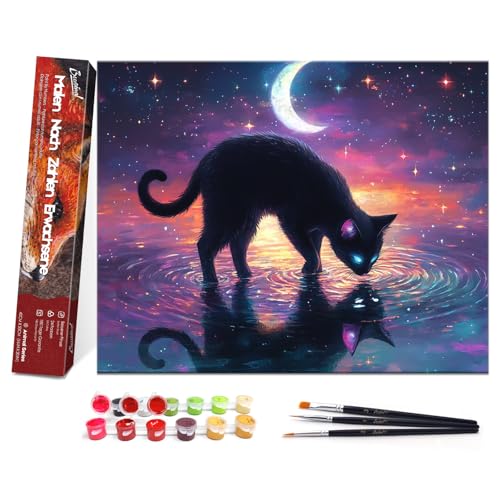 Bougimal Malen Nach Zahlen Erwachsene Tier Ohen Rahmen inklusive Pinsel und Acrylfarben - 40 x 50 cm, Schwarze Katze von Bougimal