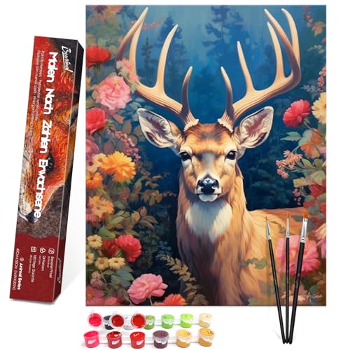 Bougimal Malen Nach Zahlen Erwachsene Tiere Ohen Rahmen inklusive Pinsel und Acrylfarben - 40 x 50 cm, Blume und Hirsch 2 von Bougimal