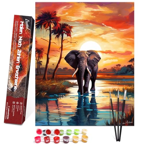 Bougimal Malen Nach Zahlen Erwachsene Tiere Ohen Rahmen inklusive Pinsel und Acrylfarben - 40 x 50 cm, Elefant bei Sonnenuntergang von Bougimal