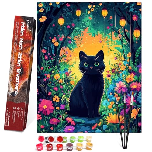 Bougimal Malen Nach Zahlen Erwachsene Tiere Ohen Rahmen inklusive Pinsel und Acrylfarben - 40 x 50 cm, Katze im Blumenstrauch von Bougimal