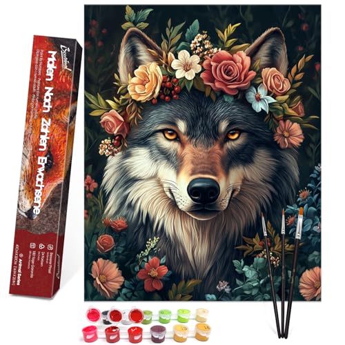 Bougimal Malen Nach Zahlen Erwachsene Tiere Ohen Rahmen inklusive Pinsel und Acrylfarben - 40 x 50 cm, Wolf 1 von Bougimal