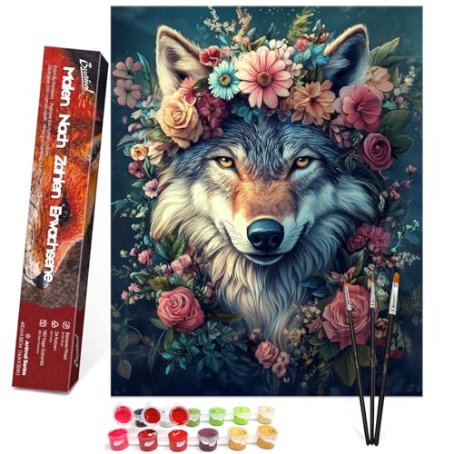 Bougimal Malen Nach Zahlen Erwachsene Tiere Ohen Rahmen inklusive Pinsel und Acrylfarben - 40 x 50 cm, Wolf 3 von Bougimal