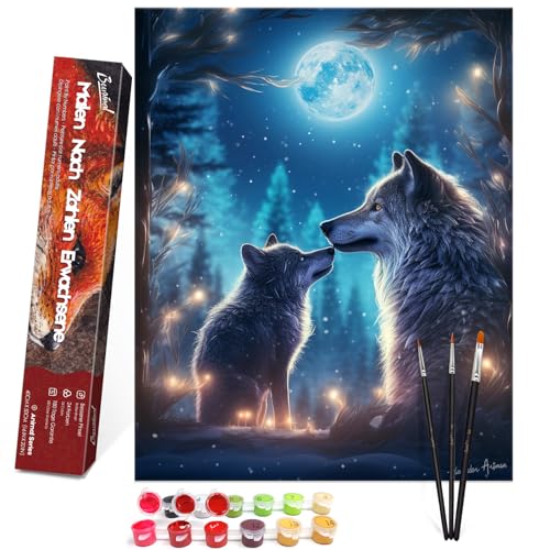 Bougimal Malen Nach Zahlen Erwachsene Tiere Ohen Rahmen inklusive Pinsel und Acrylfarben - 40 x 50 cm, Wolfsmutter und Kind 2 von Bougimal