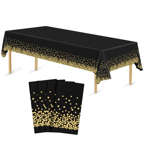 Bouiexye 4 Stück Einweg Tischdecken 137 x 274 cm Tischdecke aus Kunststoff Gold und Schwarz Rechteckige Tischabdeckung Gartentischdecke für Gastronomie Party Hochzeiten Grillen Picknick von Bouiexye