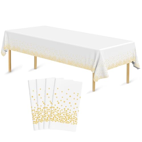 Bouiexye 4 Stück Einweg Tischdecken 137 x 274 cm Tischdecke aus Kunststoff Gold und Weiß Rechteckige Tischabdeckung Gartentischdecke für Gastronomie Party Hochzeiten Grillen Picknick von Bouiexye