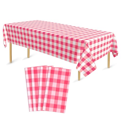 Bouiexye 4 Stück Einweg Tischdecken 137 x 274 cm Tischdecke aus Kunststoff Rosa und Weiß Kariert Rechteckige Tischabdeckung Gartentischdecke für Gastronomie Party Hochzeiten Grillen Picknick von Bouiexye