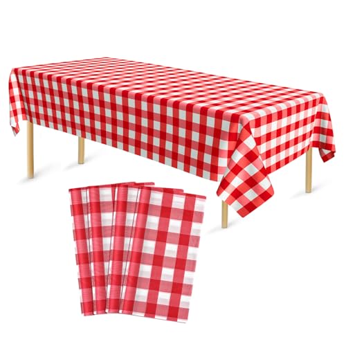 Bouiexye 4 Stück Einweg Tischdecken 137 x 274 cm Tischdecke aus Kunststoff rot weiß kariert Rechteckige Tischabdeckung Gartentischdecke für Gastronomie Party Hochzeiten Grillen Picknick von Bouiexye