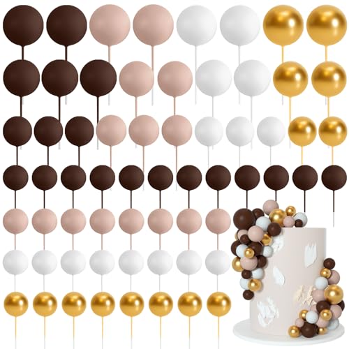 Bouiexye 75 Stück Cake Topper Decoration Tortendeko Kugeln Deko Torte Kuchendeko für Geburtstag Party Babyparty Kuchendekoration Hochzeit（Braun Gold Weiß Serie） von Bouiexye