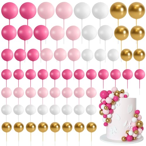 Bouiexye 75 Stück Cake Topper Decoration Tortendeko Kugeln Deko Torte Kuchendeko für Geburtstag Party Babyparty Kuchendekoration Hochzeit（Rosa, Rosa, Gold, Weiß） von Bouiexye