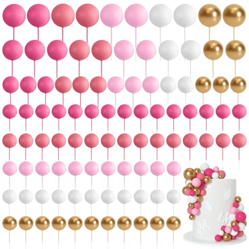 Bouiexye 75 Stück Cake Topper Decoration Tortendeko Kugeln Deko Torte Kuchendeko für Geburtstag Party Babyparty Kuchendekoration Hochzeit（Rosa Weiß Gold Serie） von Bouiexye