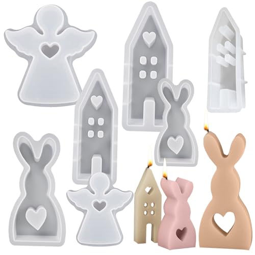 Bouncies Ostern Silikonform, Silikonform Haus Hase Engle, Silikonformen Gießformen Häuser Kerzenformen, DIY 3D Osterhase Silikonform, Hase Kerze Candy Schokoladenharzform von Bouncies