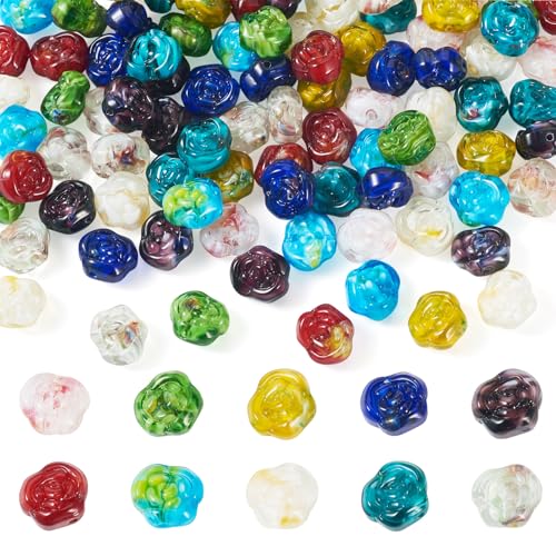 Boutigem 100 Stück 3D-Rosen-Perlen, handgefertigte Lampwork-Perlen, bunt, lose Perlen für DIY-Armbänder, Halsketten, Schmuckherstellung, Schlüsselanhänger, Dekoration von Boutigem